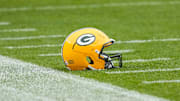 Oct 13, 2024; Green Bay, Wisconsin, USA;  General view of an Green Bay Packers helmet prior to the game against the Arizona Cardinals at Lambeau Field. Mandatory Credit: Jeff Hanisch-Imagn Images