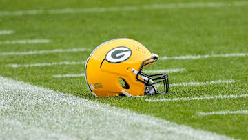 Oct 13, 2024; Green Bay, Wisconsin, USA;  General view of an Green Bay Packers helmet prior to the game against the Arizona Cardinals at Lambeau Field. Mandatory Credit: Jeff Hanisch-Imagn Images