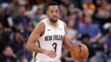 Mar 2, 2025; Salt Lake City, Utah, USA; New Orleans Pelicans guard CJ McCollum bring the ball up the court against the Utah Jazz during the second half at Delta Center. Mandatory Credit: Rob Gray-Imagn Images