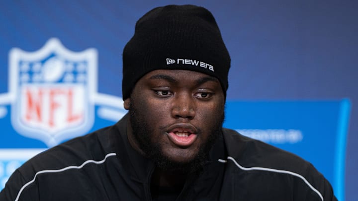 Georgia offensive lineman Micah Morris speaks to members of the media