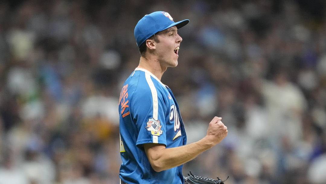 May 8, 2026; Milwaukee, Wisconsin, USA;  Milwaukee Brewers pitcher Jacob Misiorowski (32) celebrates after earning the final out of the sixth inning against the New York Yankees at American Family Field. Mandatory Credit: Jeff Hanisch-Imagn Images