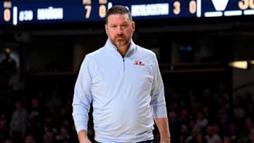 Feb 22, 2025; Nashville, Tennessee, USA;  Mississippi Rebels head coach Chris Beard paces the sideline against the Vanderbilt Commodores during the second half at Memorial Gymnasium. Mandatory Credit: Steve Roberts-Imagn Images