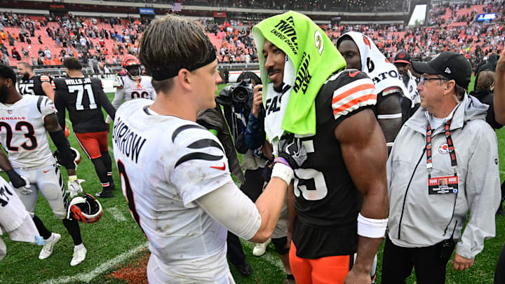Sep 10, 2023; Cleveland, Ohio, USA; Cincinnati Bengals quarterback Joe Burrow (9) talks to Cleveland Browns defensive end Myles Garrett (95) after the game at Cleveland Browns Stadium. Mandatory Credit: Ken Blaze-Imagn Images