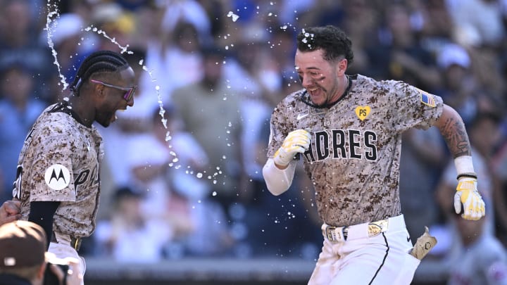 Aug 25, 2024; San Diego, California, USA; San Diego Padres center fielder Jackson Merrill (3) celebrates on the field after hitting a walk-off home run against the New York Mets the at Petco Park. Mandatory Credit: Orlando Ramirez-USA TODAY Sports