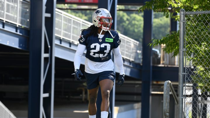 Jul 30, 2022; Foxborough, MA, USA; New England Patriots safety Kyle Dugger (23) walks to the practice field at the Patriots training camp at Gillette Stadium. Mandatory Credit: Eric Canha-USA TODAY Sports