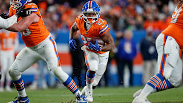 Nov 6, 2025; Denver, Colorado, USA; Denver Broncos running back J.K. Dobbins (27) runs the ball in the fourth quarter against the Las Vegas Raiders at Empower Field at Mile High. Mandatory Credit: Isaiah J. Downing-Imagn Images