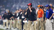 Dec 26, 2024; Phoenix, AZ, USA; Rutgers Scarlet Knights wide receivers coach Dave Brock against the Kansas State Wildcats during the Rate Bowl at Chase Field. Mandatory Credit: Mark J. Rebilas-Imagn Images