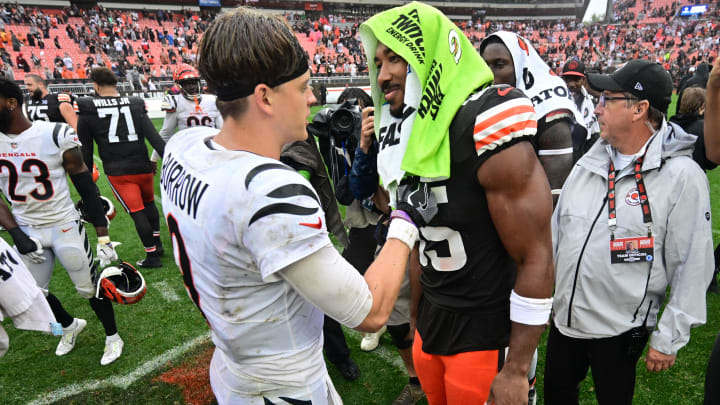 Sep 10, 2023; Cleveland, Ohio, USA; Cincinnati Bengals quarterback Joe Burrow (9) talks to Cleveland Browns defensive end Myles Garrett (95) after the game at Cleveland Browns Stadium. Mandatory Credit: Ken Blaze-USA TODAY Sports