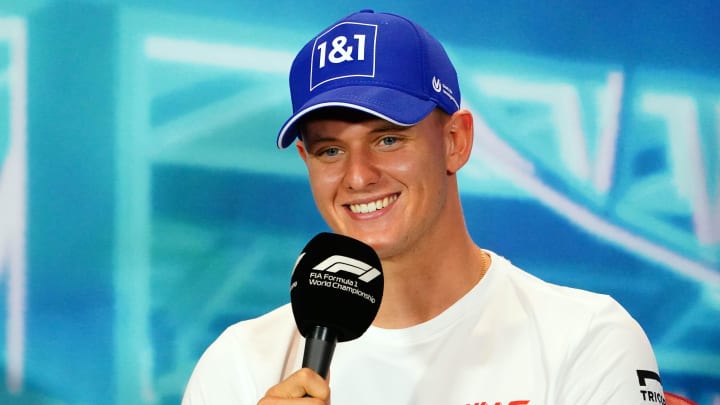 May 6, 2022; Miami Gardens, Florida, USA; Haas driver Mick Schumacher of Germany talks with the media during a press conference before their practice session for the Miami Grand Prix at Miami International Autodrome. Mandatory Credit: John David Mercer-USA TODAY Sports