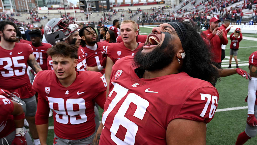 Oct 19, 2024; Pullman, Washington, USA; Washington State Cougars offensive lineman Esa Pole (76) celebrates after a game against the Hawaii Warriors at Gesa Field at Martin Stadium. Washington State won 42-10. Mandatory Credit: James Snook-Imagn Images