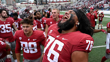 Oct 19, 2024; Pullman, Washington, USA; Washington State Cougars offensive lineman Esa Pole (76) celebrates after a game against the Hawaii Warriors at Gesa Field at Martin Stadium. Washington State won 42-10. Mandatory Credit: James Snook-Imagn Images