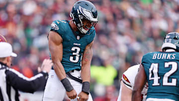 Jan 26, 2025; Philadelphia, PA, USA; Philadelphia Eagles linebacker Nolan Smith Jr. (3) reacts after a play against the Washington Commanders during the first half of the NFC Championship game at Lincoln Financial Field. Mandatory Credit: Bill Streicher-Imagn Images