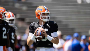 Florida Gators quarterback Graham Mertz (15) looks to throw before the game at the Orange and Blue spring football game at Steve Spurrier Field at Ben Hill Griffin Stadium in Gainesville, FL on Saturday, April 13, 2024. [Matt Pendleton/Gainesville Sun]