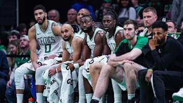 Jan 10, 2025; Boston, Massachusetts, USA; The Boston Celtics bench in the final seconds of the game against the Sacramento Kings at TD Garden. Mandatory Credit: David Butler II-Imagn Images