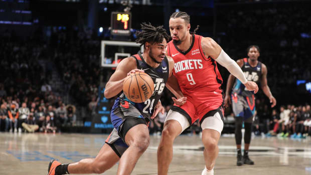 Jan 27, 2024; Brooklyn, New York, USA; Brooklyn Nets guard Cam Thomas (24) dribbles