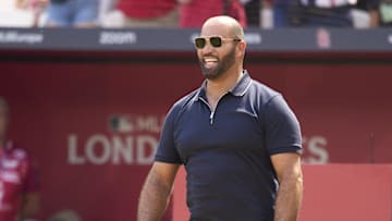 Jun 25, 2023; London, GBR, ENG; St. Louis Cardinals former first baseman Albert Pujols walks on the field before throwing out a ceremonial first pitch before London series game two against the Chicago Cubs at London Stadium. Mandatory Credit: Peter van den Berg-Imagn Images