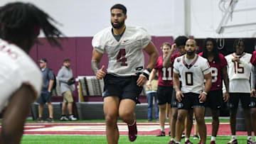 Florida State football quarterback DJ Uiagalelei takes part in the final Tour of Duty winter workouts ahead of 2024 spring practices on Thursday, March 7, 2024.