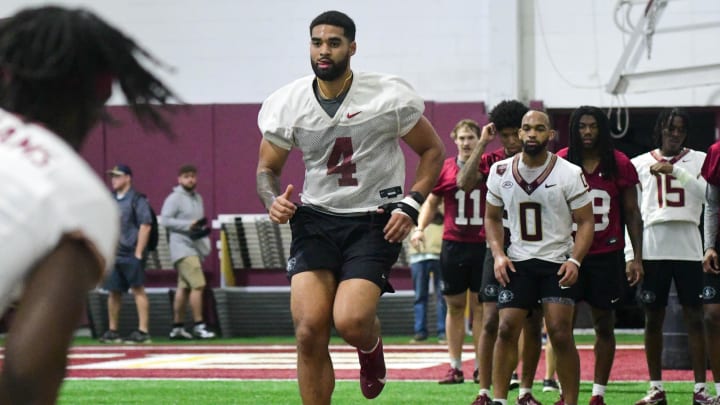 Florida State football quarterback DJ Uiagalelei takes part in the final Tour of Duty winter workouts ahead of 2024 spring practices on Thursday, March 7, 2024.