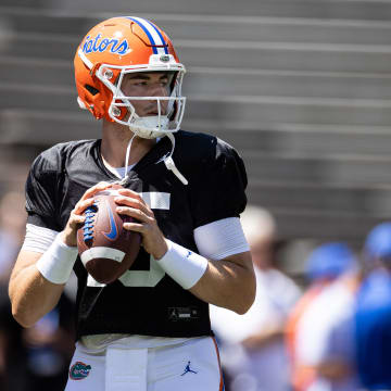 Florida Gators quarterback Graham Mertz (15) looks to throw before the game at the Orange and Blue spring football game at Steve Spurrier Field at Ben Hill Griffin Stadium in Gainesville, FL on Saturday, April 13, 2024. 