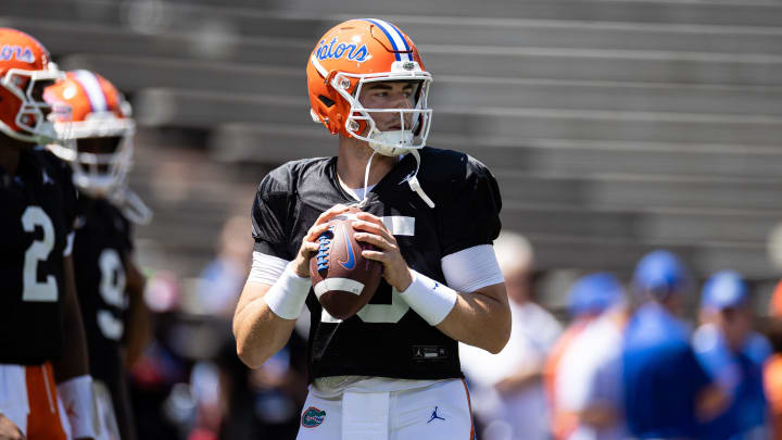 Florida Gators quarterback Graham Mertz (15) looks to throw before the game at the Orange and Blue spring football game at Steve Spurrier Field at Ben Hill Griffin Stadium in Gainesville, FL on Saturday, April 13, 2024. 