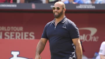 Jun 25, 2023; London, GBR, ENG; St. Louis Cardinals former first baseman Albert Pujols walks on the field before throwing out a ceremonial first pitch before London series game two against the Chicago Cubs at London Stadium. Mandatory Credit: Peter van den Berg-Imagn Images