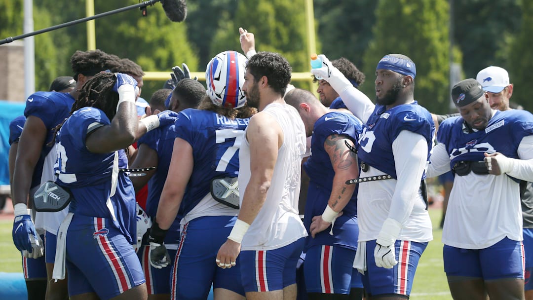 The defensive unit huddle up together at the end of practice during day five of Buffalo Bills training camp at St. John Fisher University Monday, July 28, 2025 in Pittsford, NY.