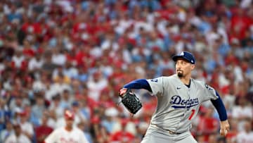 Oct 6, 2025; Philadelphia, Pennsylvania, USA; Los Angeles Dodgers pitcher Blake Snell (7) throws a pitch against the Philadelphia Phillies in the first inning during game two of the NLDS round for the 2025 MLB playoffs at Citizens Bank Park. Mandatory Credit: Eric Hartline-Imagn Images