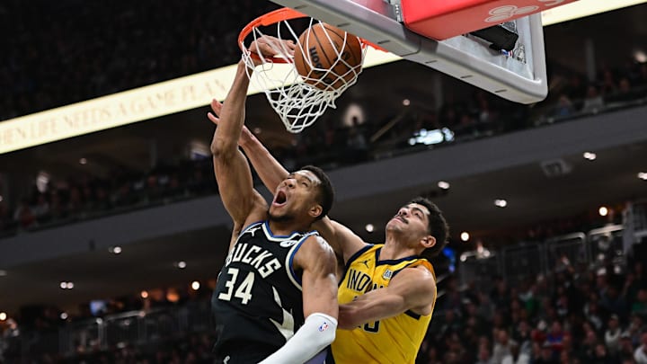 Apr 27, 2025; Milwaukee, Wisconsin, USA: Milwaukee Bucks forward Giannis Antetokounmpo (34) dunks the ball against Indiana Pacers guard Ben Sheppard (26) in the third quarter during game four of first round for the 2024 NBA Playoffs at Fiserv Forum. Mandatory Credit: Benny Sieu-Imagn Images Apr 27, 2025; Milwaukee, Wisconsin, USA: Milwaukee Bucks forward Giannis Antetokounmpo (34) dunks the ball against Indiana Pacers guard Ben Sheppard (26) in the third quarter during game four of first round for the 2024 NBA Playoffs at Fiserv Forum. Mandatory Credit: Benny Sieu-Imagn Images