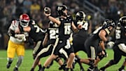 Sep 13, 2025; West Lafayette, Indiana, USA; Purdue Boilermakers quarterback Ryan Browne (15) throws a pass during the second half against the USC Trojans at Ross-Ade Stadium. Mandatory Credit: Marc Lebryk-Imagn Images