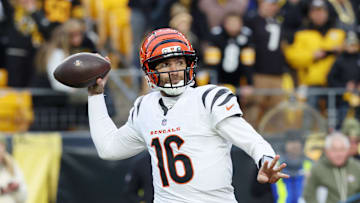 Nov 16, 2025; Pittsburgh, Pennsylvania, USA; Cincinnati Bengals quarterback Joe Flacco (16) passes the ball against the Pittsburgh Steelers during the second half at Acrisure Stadium. Mandatory Credit: Charles LeClaire-Imagn Images