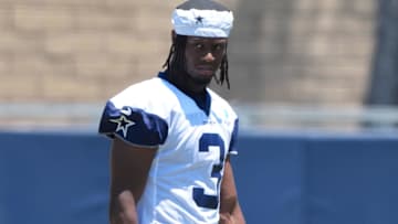 Jul 26, 2025; Oxnard, CA, USA; Dallas Cowboys receiver George Pickens (3) at training camp at the River Ridge Fields. Mandatory Credit: Kirby Lee-Imagn Images