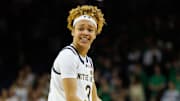 Notre Dame guard Hannah Hidalgo expresses frustration with an official's call during a NCAA women's basketball game between No. 3 Notre Dame and No. 24 Florida State at Purcell Pavilion on Thursday, Feb. 27, 2025, in South Bend.
