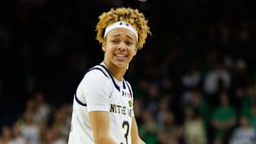 Notre Dame guard Hannah Hidalgo expresses frustration with an official's call during a NCAA women's basketball game between No. 3 Notre Dame and No. 24 Florida State at Purcell Pavilion on Thursday, Feb. 27, 2025, in South Bend.