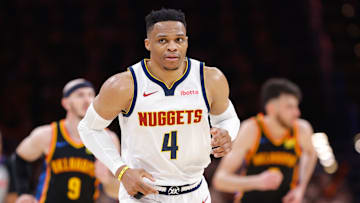 May 5, 2025; Oklahoma City, Oklahoma, USA; Denver Nuggets guard Russell Westbrook (4) runs down the court after a play against the Oklahoma City Thunder during the second half during game one of the second round for the 2025 NBA Playoffs at Paycom Center.