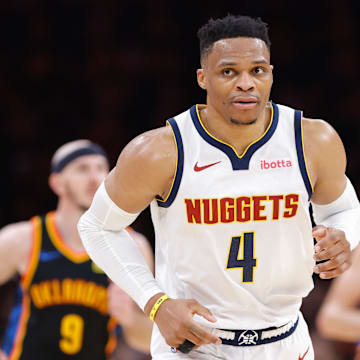 May 5, 2025; Oklahoma City, Oklahoma, USA; Denver Nuggets guard Russell Westbrook (4) runs down the court after a play against the Oklahoma City Thunder during the second half during game one of the second round for the 2025 NBA Playoffs at Paycom Center.