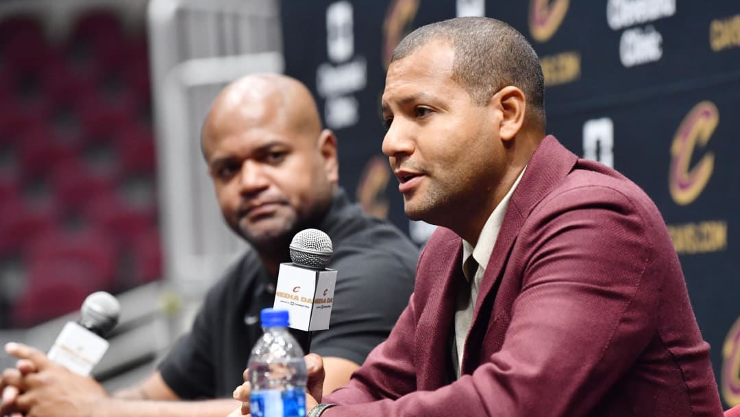 Sep 26, 2022; Cleveland, OH, USA; Cleveland Cavaliers general manager Koby Altman talks to the media during media day at Rocket Mortgage FieldHouse. Mandatory Credit: Ken Blaze-USA TODAY Sports