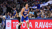 Nov 13, 2024; Philadelphia, Pennsylvania, USA; Philadelphia 76ers guard Jared McCain (20) reacts after scoring against the Cleveland Cavaliers in the fourth quarter at Wells Fargo Center. Mandatory Credit: Kyle Ross-Imagn Images