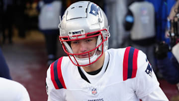 Dec 22, 2024; Orchard Park, New York, USA; New England Patriots quarterack Drake Maye (10) runs onto the field prior to the game against the Buffalo Bills at Highmark Stadium. Mandatory Credit: Gregory Fisher-Imagn Images