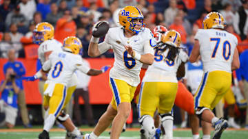 Oct 18, 2025; Syracuse, New York, USA; Pittsburgh Panthers quarterback Mason Heintschel (6) looks to pass against the Syracuse Orange during the first half at the JMA Wireless Dome. Mandatory Credit: Rich Barnes-Imagn Images