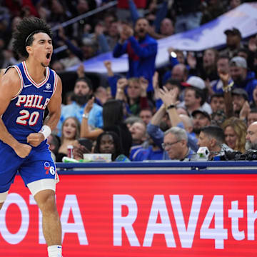 Nov 13, 2024; Philadelphia, Pennsylvania, USA; Philadelphia 76ers guard Jared McCain (20) reacts after scoring against the Cleveland Cavaliers in the fourth quarter at Wells Fargo Center. Mandatory Credit: Kyle Ross-Imagn Images