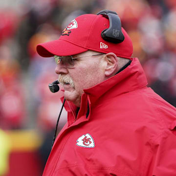 Dec 24, 2022; Kansas City, Missouri, USA; Kansas City Chiefs head coach Andy Reid watches play against the Seattle Seahawks during the second half at GEHA Field at Arrowhead Stadium. Mandatory Credit: Denny Medley-Imagn Images