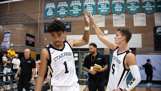 Utah Prep Academy guard Anthony Felesi (1) and guard John Southwick (5) 