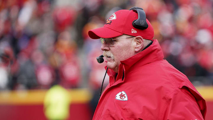 Dec 24, 2022; Kansas City, Missouri, USA; Kansas City Chiefs head coach Andy Reid watches play against the Seattle Seahawks during the second half at GEHA Field at Arrowhead Stadium. Mandatory Credit: Denny Medley-Imagn Images