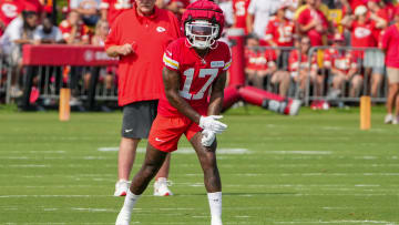 Jul 22, 2024; St. Joseph, MO, USA; Kansas City Chiefs wide receiver Mecole Hardman (17) lines up at the line of scrimmage during training camp at Missouri Western State University. Mandatory Credit: Denny Medley-USA TODAY Sports