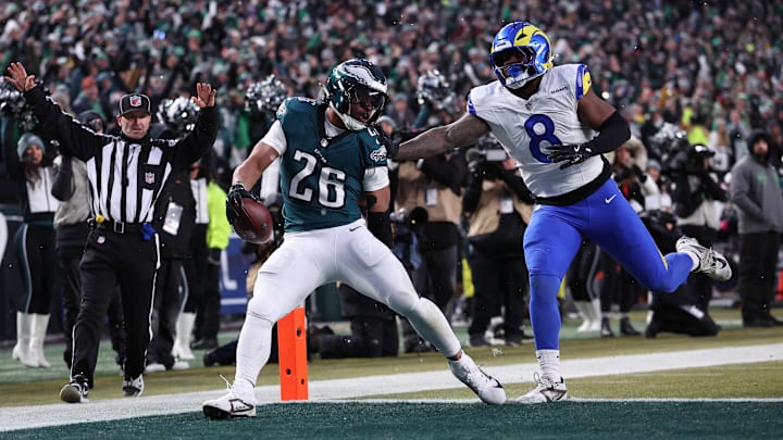 Philadelphia Eagles running back Saquon Barkley scores a touchdown against the Los Angeles Rams