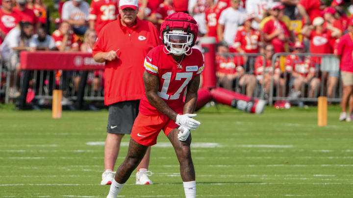 Jul 22, 2024; St. Joseph, MO, USA; Kansas City Chiefs wide receiver Mecole Hardman (17) lines up at the line of scrimmage during training camp at Missouri Western State University. Mandatory Credit: Denny Medley-USA TODAY Sports