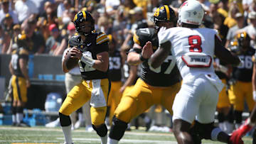 Iowa’s Cade McNamara (12) looks to throw against Illinois State on Saturday, Aug. 31, 2024, at Kinnick Stadium in Iowa City, Iowa.