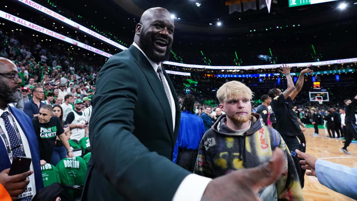 Jun 6, 2024; Boston, Massachusetts, USA; Shaquille O'Neal greets fans before the game between the Boston Celtics and the Dallas Mavericks in game one of the 2024 NBA Finals at TD Garden. Mandatory Credit: David Butler II-USA TODAY Sports