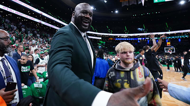 Jun 6, 2024; Boston, Massachusetts, USA; Shaquille O'Neal greets fans before the game between the Boston Celtics and the Dallas Mavericks in game one of the 2024 NBA Finals at TD Garden. Mandatory Credit: David Butler II-Imagn Images