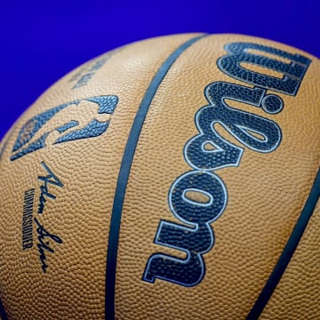 Mar 4, 2024; Salt Lake City, Utah, USA; A detail view of a basketball on the court between the Utah Jazz and the Washington Wizards during the second half at the Delta Center. Mandatory Credit: Christopher Creveling-USA TODAY Sports